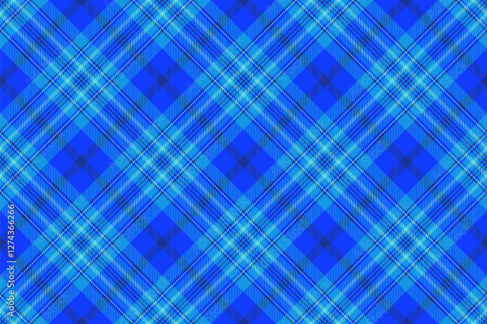 Fototapeta premium Vibrant blue plaid pattern. Perfect for textile design, website backgrounds, or fashion projects. This repeating texture offers a bold, modern feel, evoking energy and style.