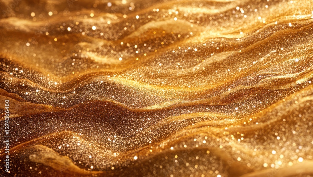 Obraz premium Sparkling golden waves with shimmering glitter and soft reflections, perfect for backgrounds in luxury design, celebrations, and festive occasions