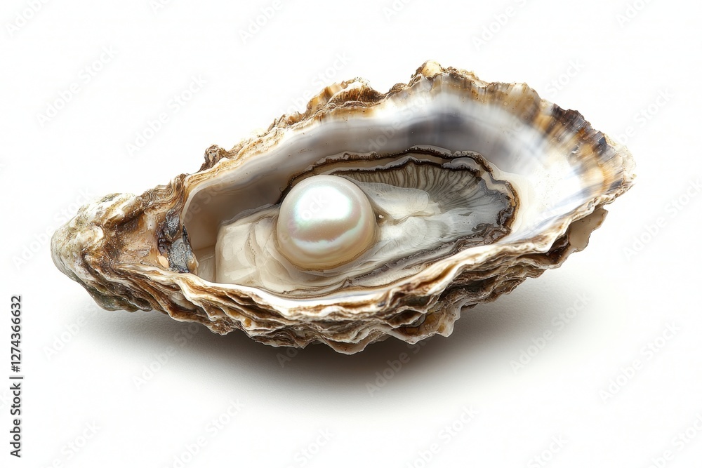 Iridescent pearl nestled inside oyster shell on a white background captures the essence of luxury and natural beauty in a studio shot Iridescent pearl nestled inside oyster shell on a white background captures the essence of luxury and natural beauty in a studio shot