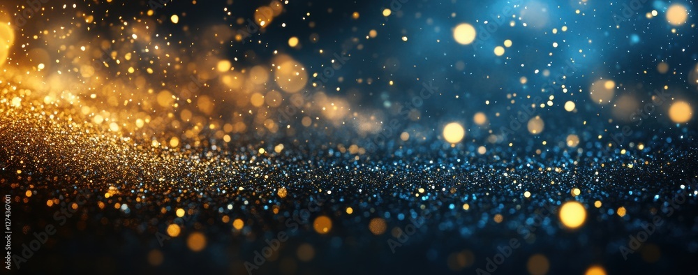 Obraz premium Stunning abstract background with sparkling golden and blue bokeh effect, shimmering glitter particles, light reflections, and dreamlike atmosphere