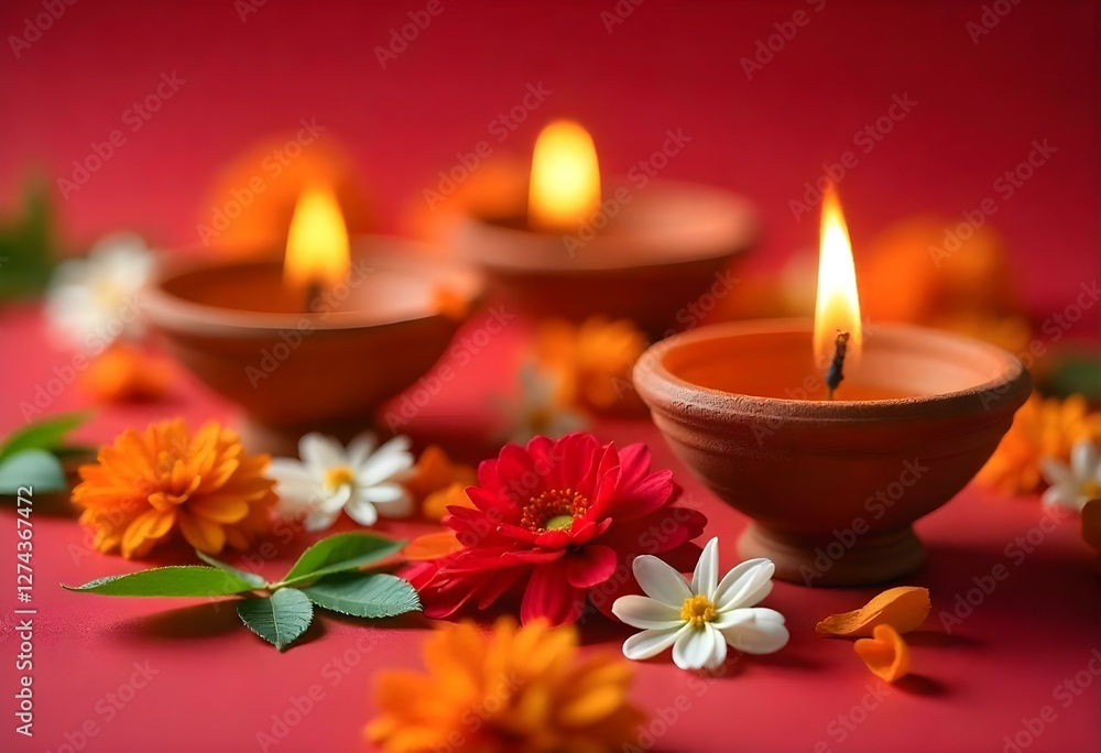 Diwali celebration with illuminated clay lamps (diyas) and marigold flowers, showcasing traditional Indian festival of lights Diwali celebration with illuminated clay lamps (diyas) and marigold flowers, showcasing traditional Indian festival of lights