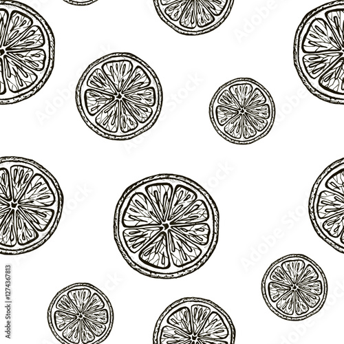 Sliced of mandarine seamless pattern. Vector illustration of tangerine. Graphic style. Isolated from the background. Packaging dried fruits, Christmas, New Year textile, mulled wine, wrapping paper