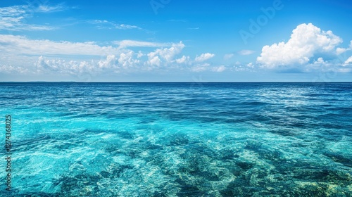 Azure Horizon: The captivating vista presents a serene ocean under a bright sky, inviting viewers to bask in the calming simplicity of nature's beauty, perfect for evoking tranquility and wanderlust.