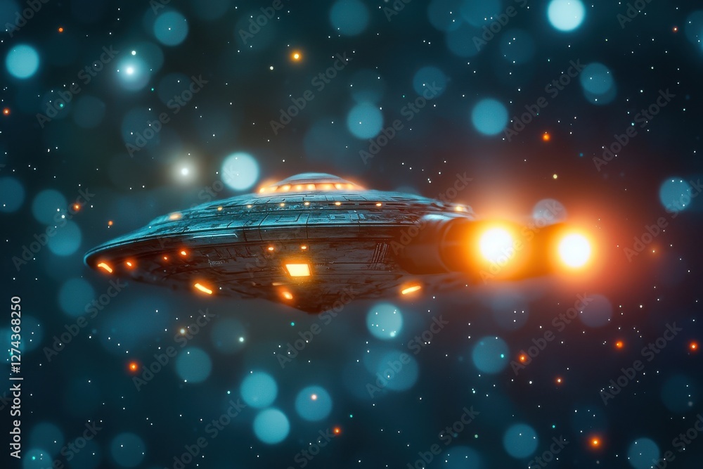 Obraz premium A detailed flying saucer or UFO speeds through a starry, cosmic expanse, glowing with orange lights, conjuring images of science fiction and extraterrestrial travel.