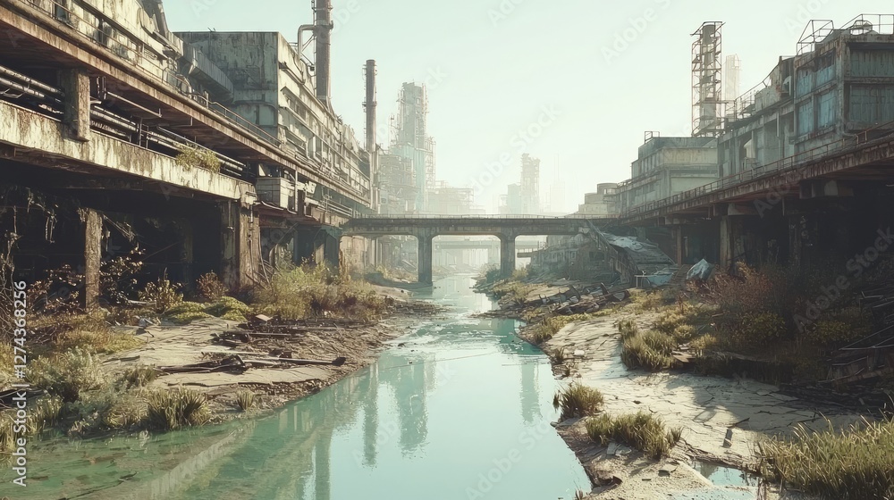 Fototapeta premium Toxic River Flowing Through Abandoned Industrial Landscape