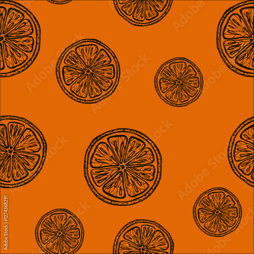 Mandarine vector seamless pattern. Illustration of Sliced of tangerine. Graphic style. Isolated on the orange background shape. Packaging dried fruits, Christmas, New Year textile, wrapping paper