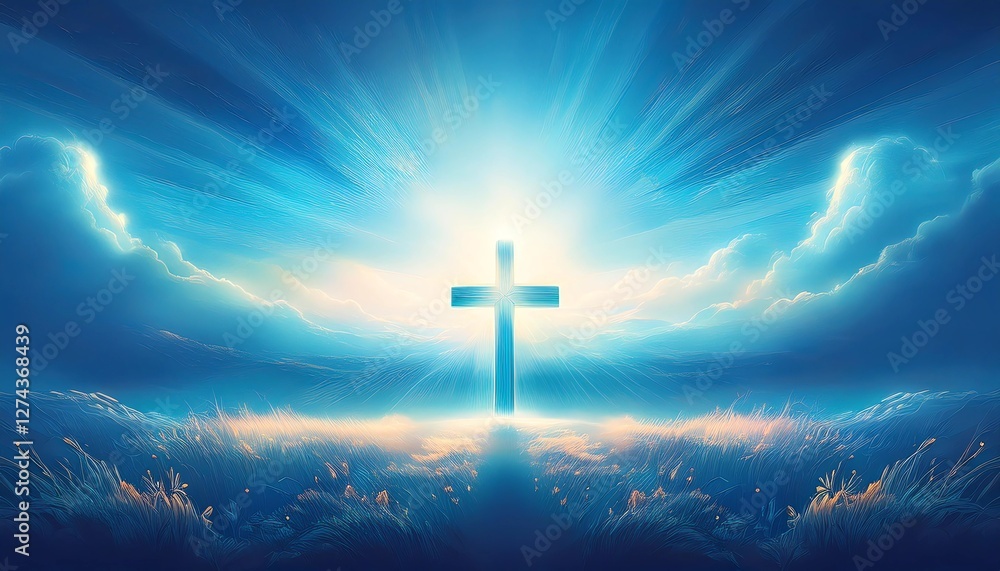 a cross from which light emanates. on a sky blue background. religious Christian symbol (Catholic, Orthodox) a cross from which light emanates. on a sky blue background. religious Christian symbol (Catholic, Orthodox)
