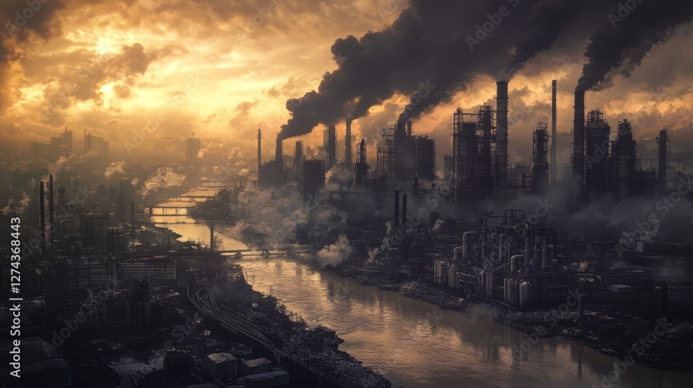 Fototapeta premium Dark Industrial Complex with Smoke and Atmospheric Clouds at Dusk