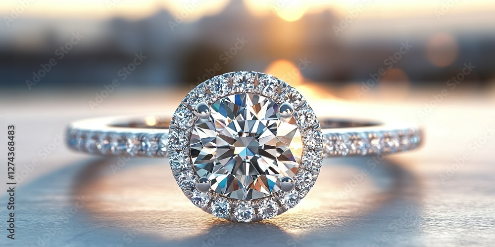 Fototapeta premium Elegant engagement ring glistening in sunset with city skyline in the background