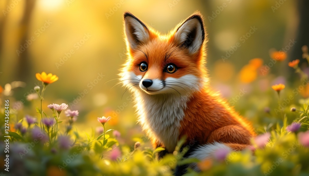 Curious red fox in blooming wildflower meadow at golden hour, capturing nature's beauty and wildlife Curious red fox in blooming wildflower meadow at golden hour, capturing nature's beauty and wildlife