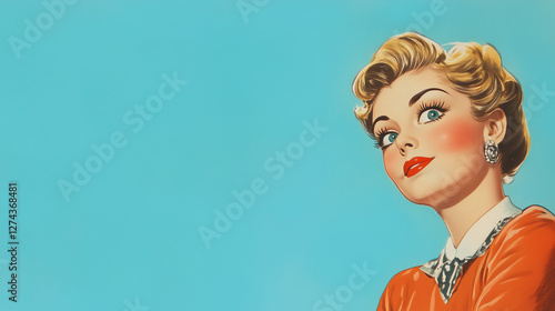 a 1950s advertising illustration of a woman on blue background, room for text	