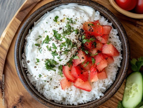 Preparing Grilled Greek Yogurt on White Rice Kitchen Food Photography Top View Culinary Delight