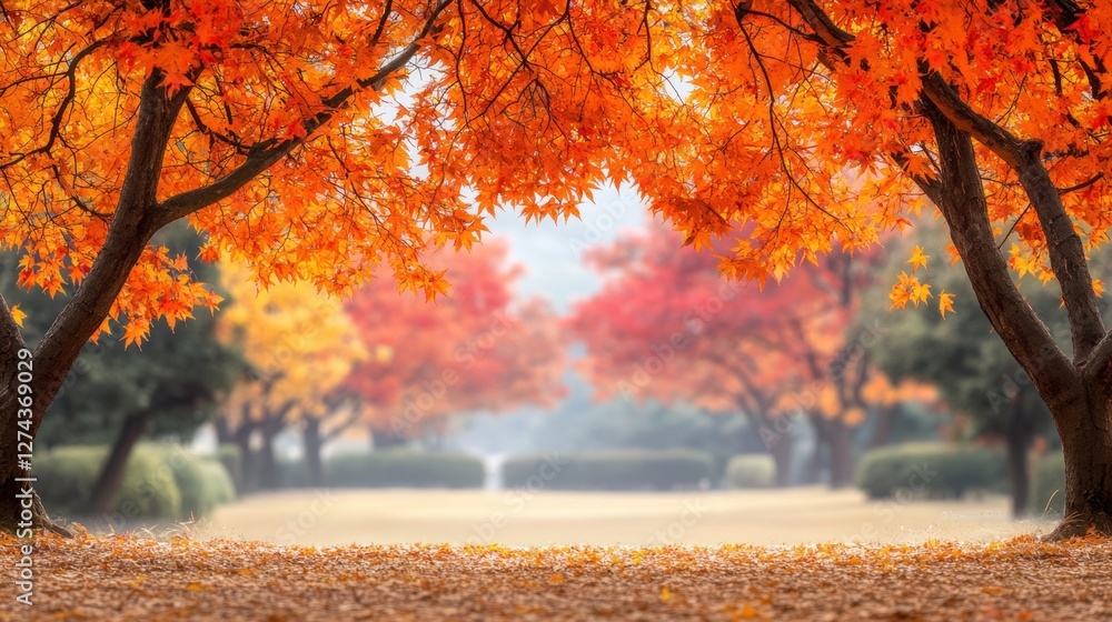 Vibrant autumn foliage framing a serene park landscape with colorful trees and fallen leaves creating a peaceful nature scene Vibrant autumn foliage framing a serene park landscape with colorful trees and fallen leaves creating a peaceful nature scene