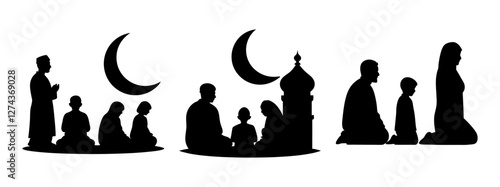 Family Taraweeh Silhouette for Ramadan and Islamic Prayer Design Icon Bundle