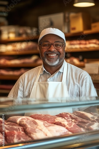 Local butcher shop owner smiling behind fresh meat display in artisan market, showcasing quality cuts and customer service in vibrant atmosphere photo