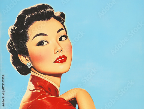 a 1950s advertising illustration of an asian woman on solid background, room for text