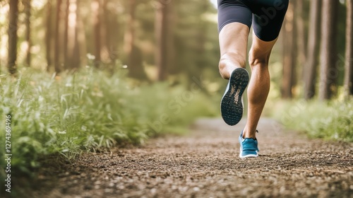 Embrace the Run: Close-up shot of a runner's legs and feet, propelling forward along a scenic forest trail, inviting a sense of vitality and movement. 