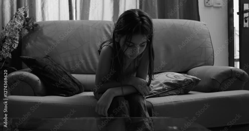 Young girl sitting on a couch leaning forward, introspective and isolated, showing signs of sadness, childhood depression, loneliness, and emotional struggle in an indoor home setting Young girl sitting on a couch leaning forward, introspective and isolated, showing signs of sadness, childhood depression, loneliness, and emotional struggle in an indoor home setting