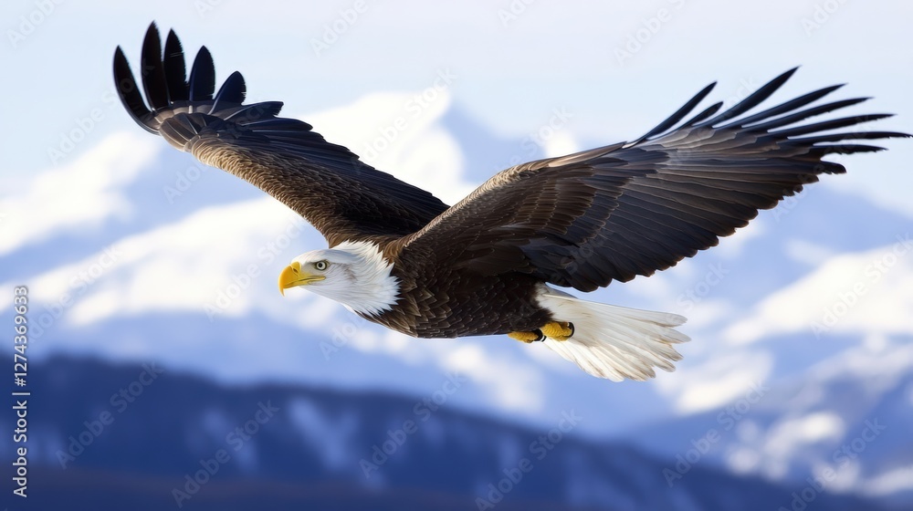 Fototapeta premium Soaring Freedom: An American bald eagle glides majestically through a crisp, clear sky with snow-capped mountains in the background, capturing the essence of freedom and the wild.