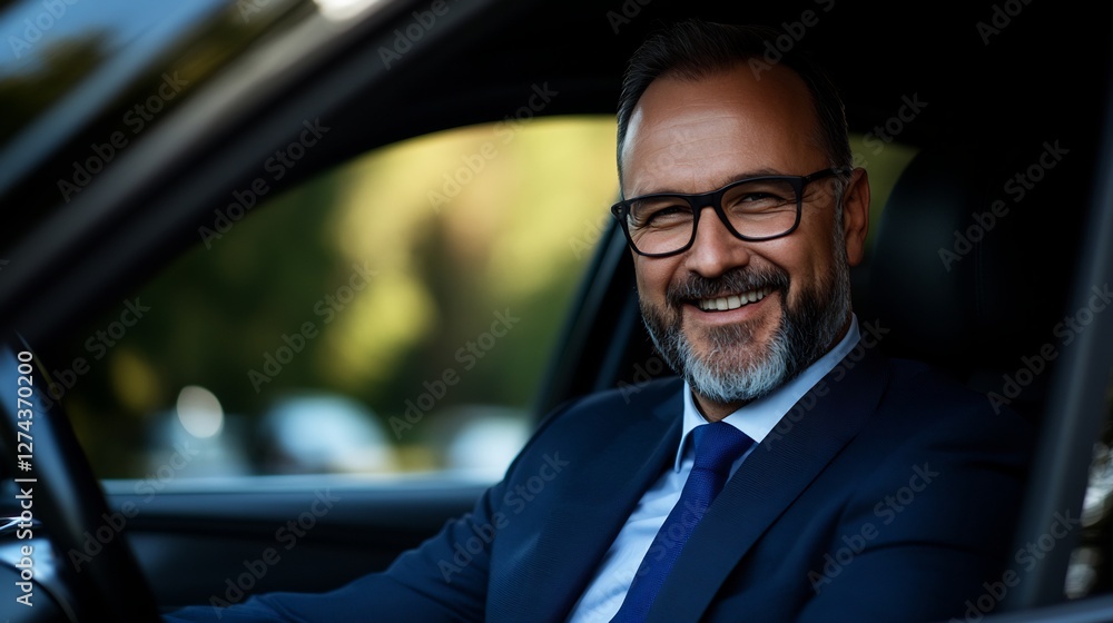 Smiling Middle-Aged Man in Business Suit Driving Car and Looking Forward Smiling Middle-Aged Man in Business Suit Driving Car and Looking Forward