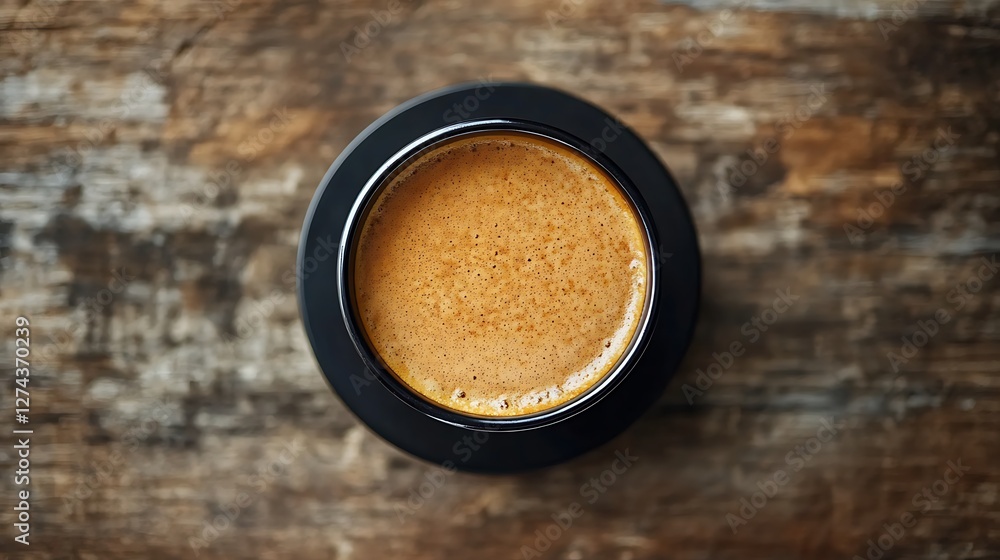 Top view of espresso in a black cup on a wooden surface. Top view of espresso in a black cup on a wooden surface.