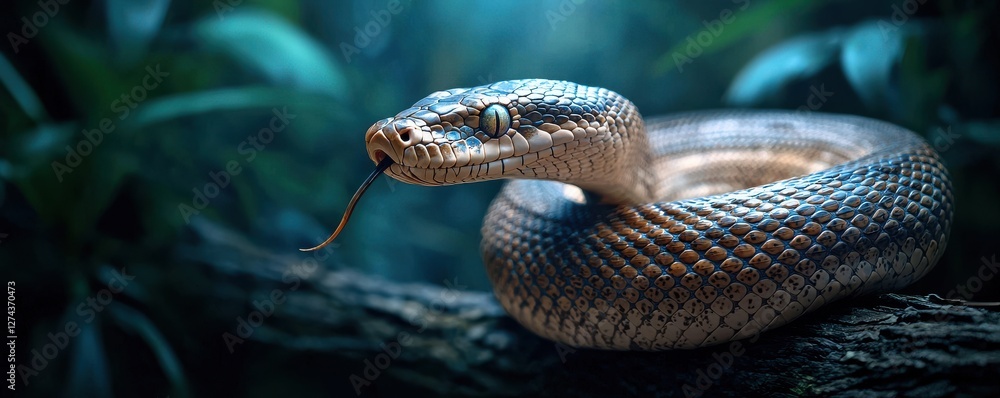 Wildlife encounter python coils around tree branch dense rainforest safari nature photography Wildlife encounter python coils around tree branch dense rainforest safari nature photography
