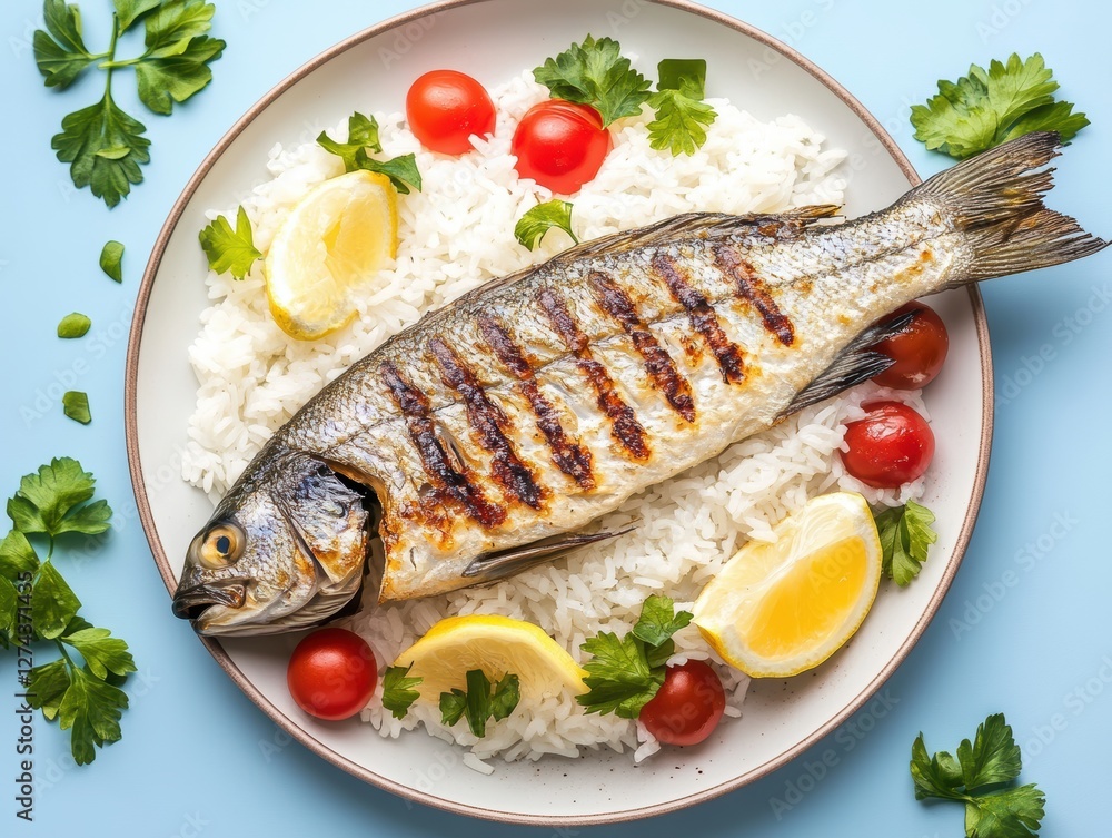 Grilled Bass on White Rice Kitchen Table Food Photography Bright Setting Top View Culinary Delight Grilled Bass on White Rice Kitchen Table Food Photography Bright Setting Top View Culinary Delight