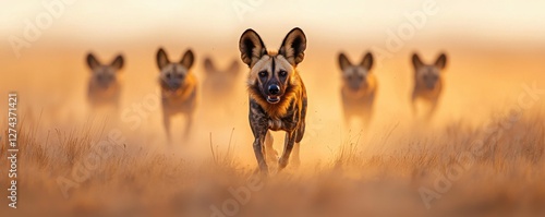 Wild dogs hunting african grasslands wildlife safari photo dry golden field close-up perspective action-packed scene