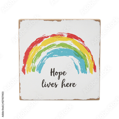 Cheerful wooden sign with rainbow  Hope Lives Here phrase on bright white backdrop