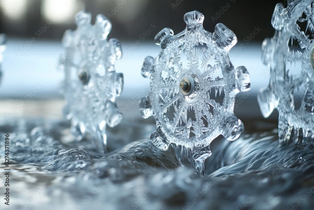 Ice gear wheels partially submerged in flowing water, symbolizing delicate mechanisms, ephemeral beauty of nature, and conceptual design in a frozen macro world. Ice gear wheels partially submerged in flowing water, symbolizing delicate mechanisms, ephemeral beauty of nature, and conceptual design in a frozen macro world.