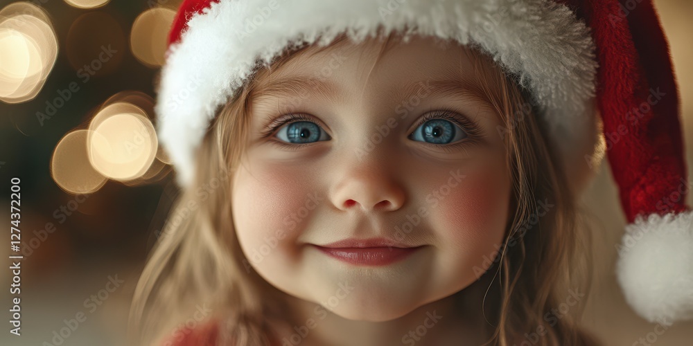 Young child with blue eyes and Santa hat smiling during festive holiday celebration indoors Young child with blue eyes and Santa hat smiling during festive holiday celebration indoors