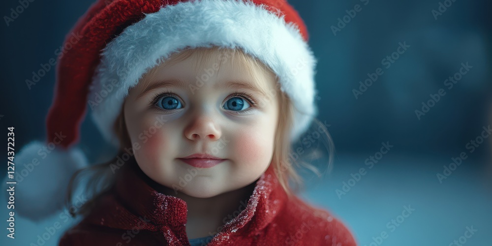 Charming child wearing a Santa hat smiles joyfully in a cozy winter setting Charming child wearing a Santa hat smiles joyfully in a cozy winter setting