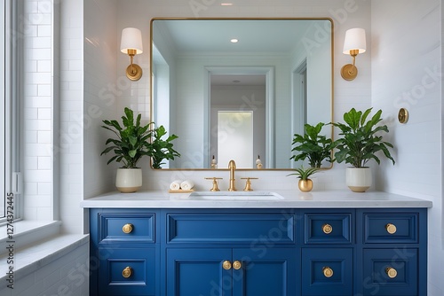 Modern blue vanity with gold accents, white marble countertop, and elegant bathroom interior design

