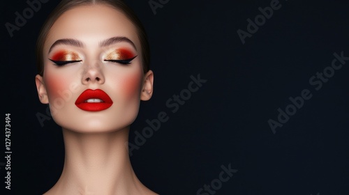 Wallpaper Mural A stunning makeup look featuring bold red lips and vibrant eye makeup, highlighting beauty and elegance against a dark background. Torontodigital.ca