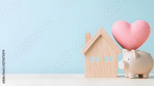 wooden house model and piggy bank with heart symbolize love and savings. This conveys importance of financial security and emotional well being photo