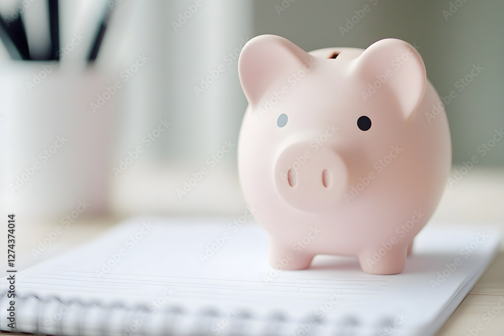 cute piggy bank sits on notepad, symbolizing savings and financial planning. soft pink color adds cheerful touch to workspace, inspiring good money habits cute piggy bank sits on notepad, symbolizing savings and financial planning. soft pink color adds cheerful touch to workspace, inspiring good money habits