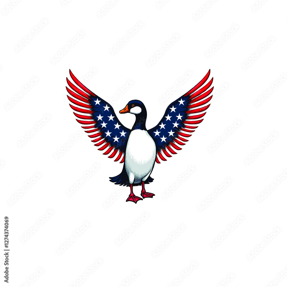 Fototapeta premium A striking illustration of a bird standing tall with its wings spread wide, adorned with the stars and stripes of the United States flag.