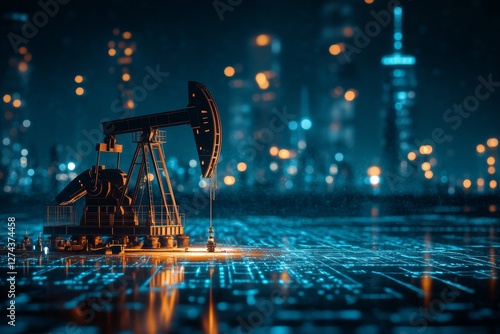 Oil pumpjack on oilfield petroleum extraction on digital graph showing oil prices background.