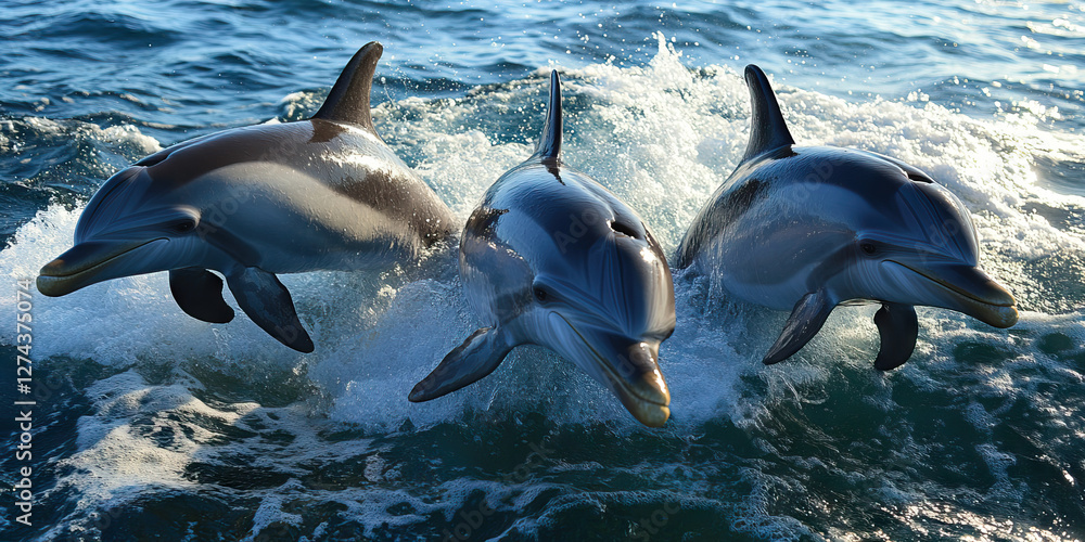 Obraz premium Three Dusky Dolphins Surfacing in Ocean Waves