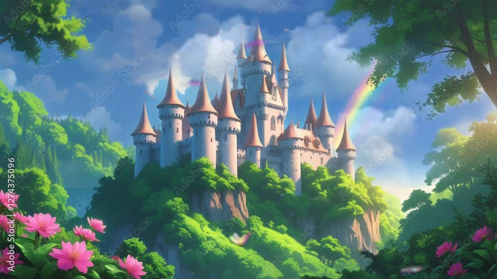 fairy tale castle on a green hill with pink flowers and blue sky. seamless looping 4k time-lapse virtual video animation background fairy tale castle on a green hill with pink flowers and blue sky. seamless looping 4k time-lapse virtual video animation background