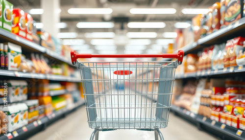 Empty shopping cart in a brightly lit supermarket aisle, symbolizing consumerism, grocery shopping, and retail commerce in a modern supermarket setting. photo