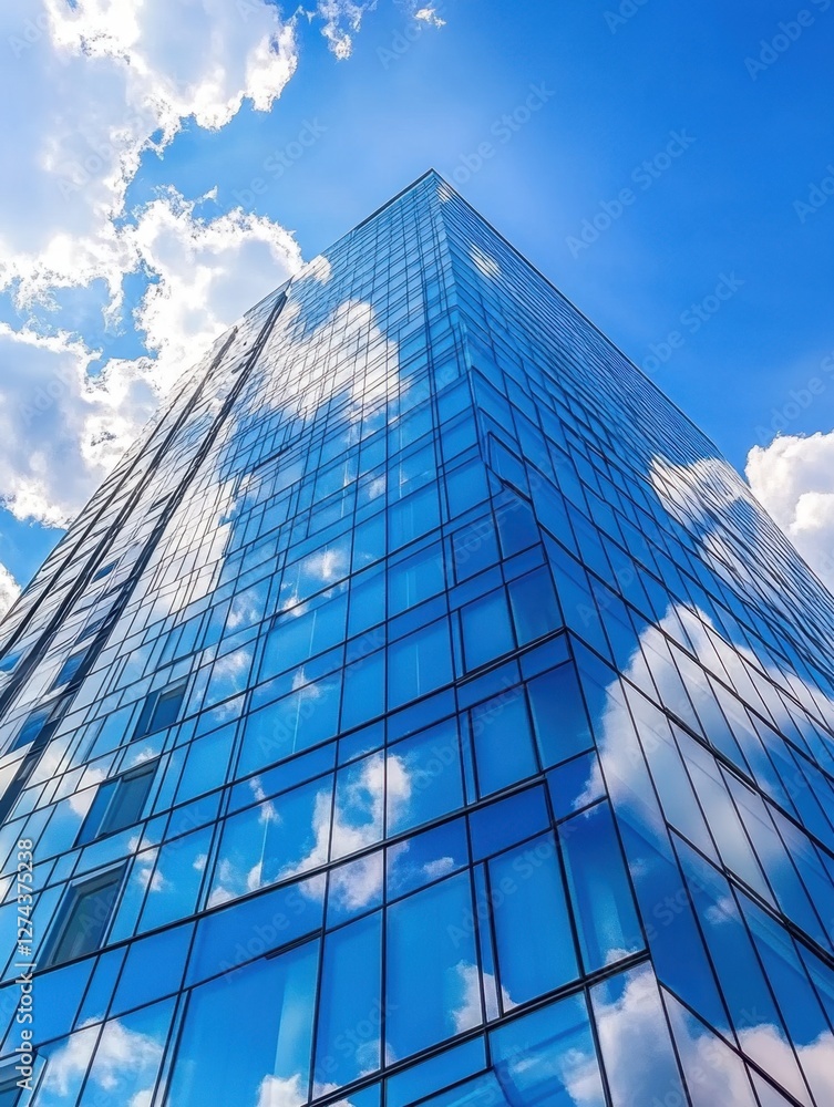 Modern glass skyscraper reflecting vibrant blue sky and fluffy white clouds in a dynamic cityscape view architectural marvel Modern glass skyscraper reflecting vibrant blue sky and fluffy white clouds in a dynamic cityscape view architectural marvel