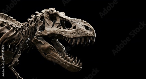 Tyrannosaurus Rex Fossil Skeleton Close Up Against Dark Background Display