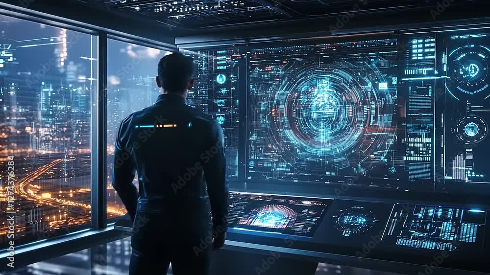 Futuristic control room with a person analyzing holographic data against a city skyline at night Futuristic control room with a person analyzing holographic data against a city skyline at night