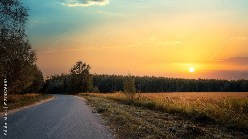 Summer landscape with asphalt road next to a field on the sunset. Summer landscape with asphalt road next to a field on the sunset.