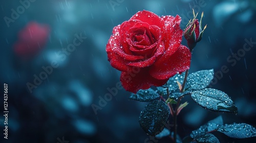 A vibrant red rose with raindrops, surrounded by green leaves, set against a moody, blurred background
