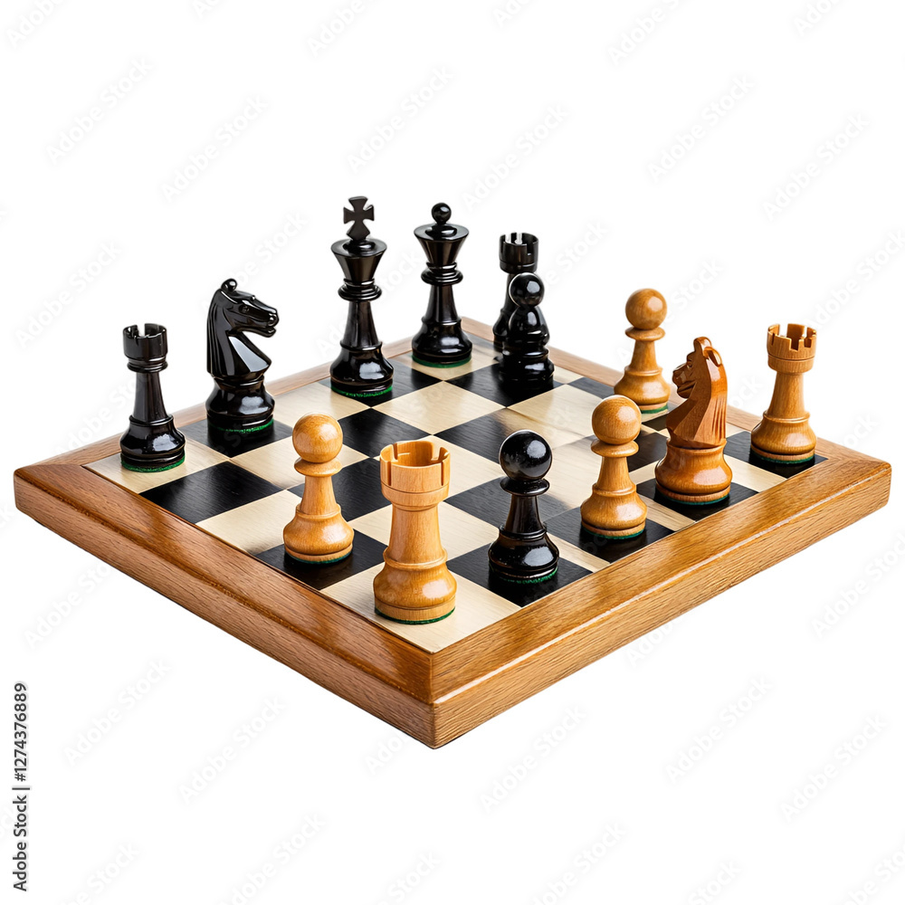 Wooden Chessboard Game Setup Black vs White Pieces Strategically Positioned for a Match Wooden Chessboard Game Setup Black vs White Pieces Strategically Positioned for a Match