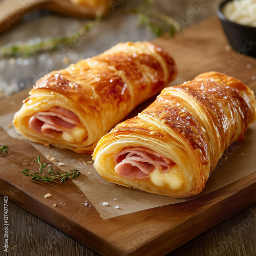 Gourmet Ham and Cheese Rolled Pastry with Natural Lighting