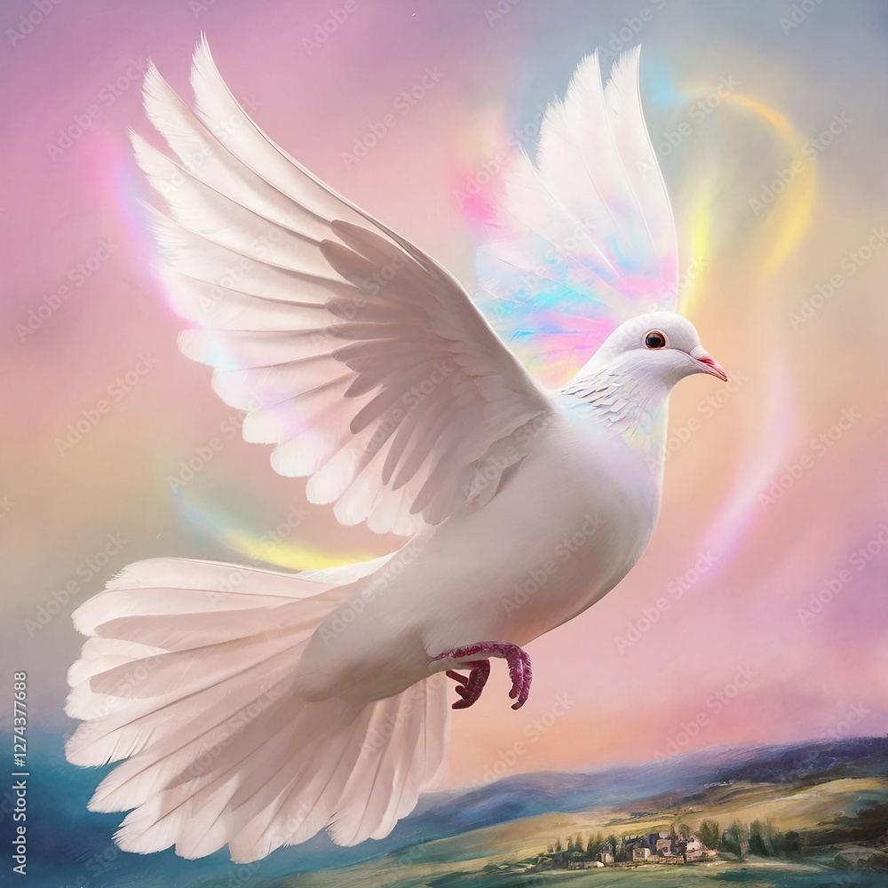 Fototapeta premium A mesmerizing painting of a radiant white dove, glowing with a soft,