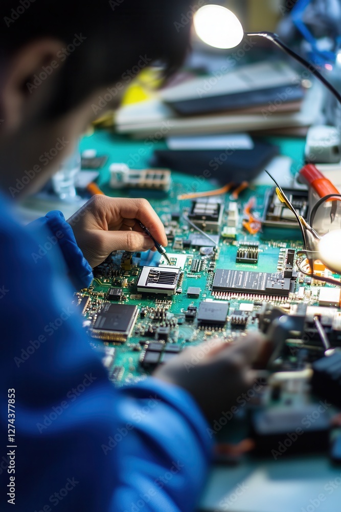 Obraz premium Person repairing circuit board with tools on a workbench in technology workshop, focused on electronics assembly and troubleshooting process